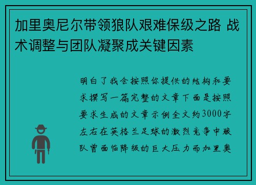 加里奥尼尔带领狼队艰难保级之路 战术调整与团队凝聚成关键因素