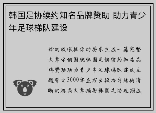 韩国足协续约知名品牌赞助 助力青少年足球梯队建设