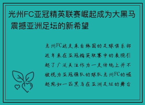 光州FC亚冠精英联赛崛起成为大黑马 震撼亚洲足坛的新希望