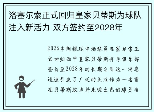 洛塞尔索正式回归皇家贝蒂斯为球队注入新活力 双方签约至2028年